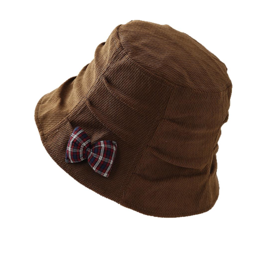 Age reducing plaid bow bucket hat women autumn and winter warm versatile front long rear short brim basin hat
