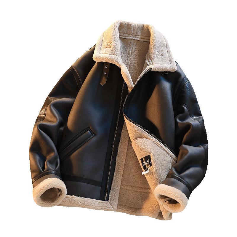Unisex Retro Lambswool Motorcycle Jacket - Thickened Velvet Leather for Autumn & Winter