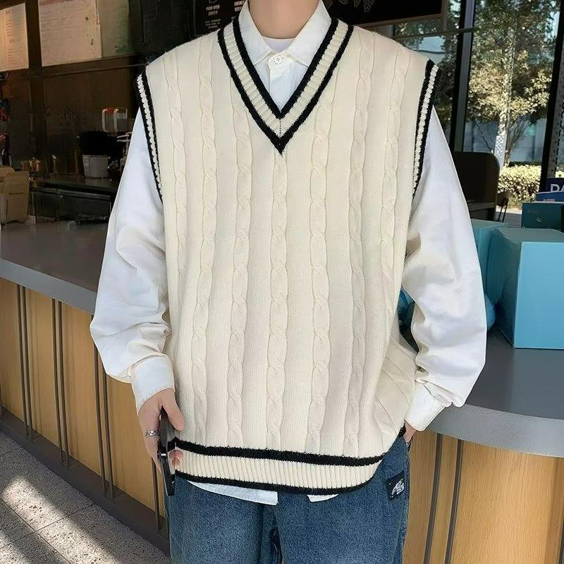 Herbst und Winter Tide Marke V-Ausschnitt College-Stil Pulloverweste Herren Twist Kontrastfarbe Locker Ärmellose Weste Tide