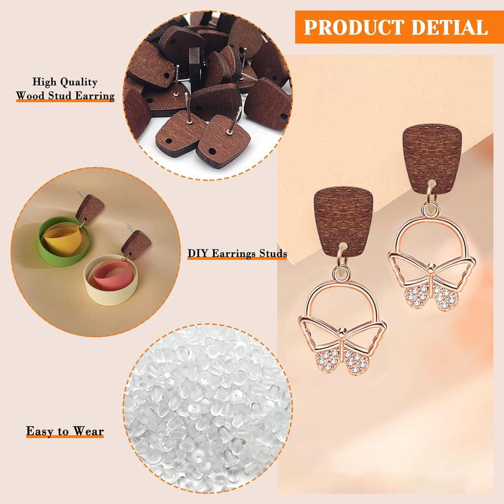 Oubaka 60pcs Wooden Earrings Posts for Jewelry Making Wood Earring Findings Wood Stud Earring Findings Trapezoid Wood Earring Studs with 100pcs Ear