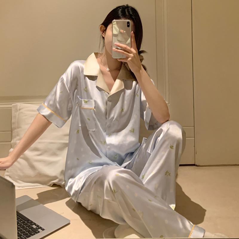 Lapel Floral Printing Ice Silk Pajamas Women'S Summer Light Luxury Loungewear Short Sleeves Can Be Worn Outside