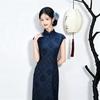 navy blue ancient full placket sleeveless plaid national style new Chinese long cheongsam improved young women's high sense