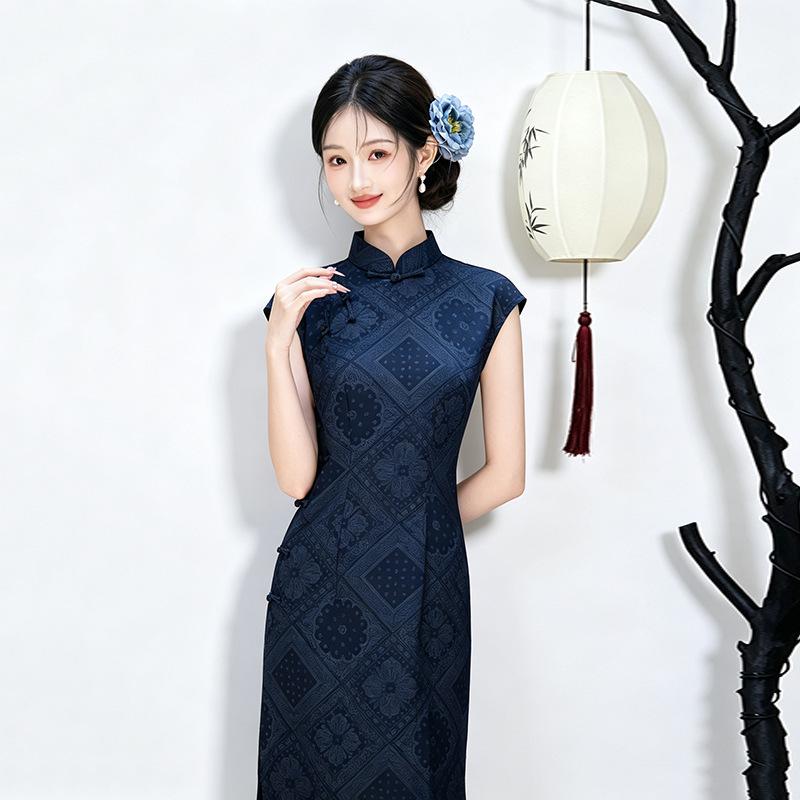 navy blue ancient full placket sleeveless plaid national style new Chinese long cheongsam improved young women's high sense