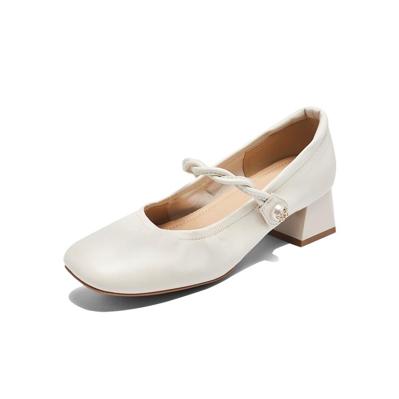 Augustine French single shoes women's 2025 new summer shallow mouth Mary Jane thick heel with skirt square head small leather shoes