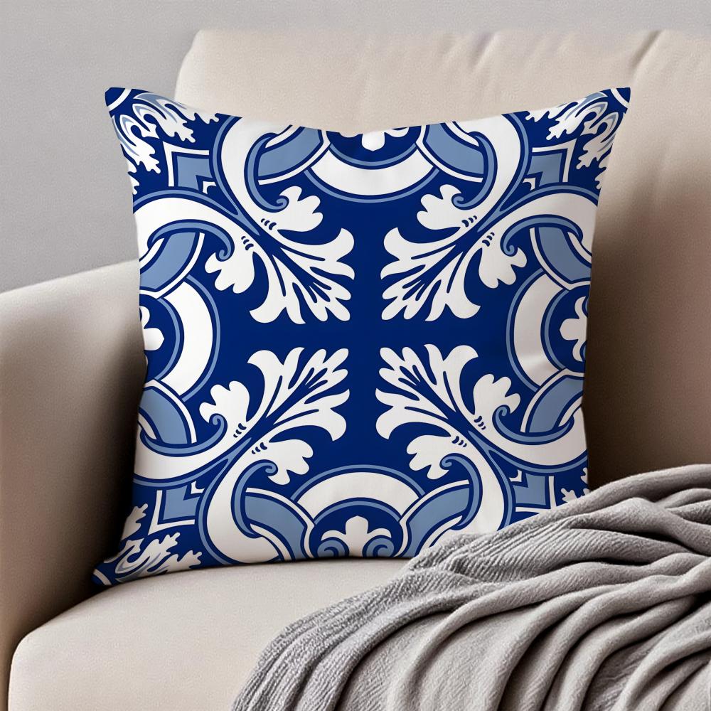 Fashion Blue Tiles Luxury Icon Cushion Cover Pillowcase Antidustmite Invisible Zipper Short Plush Sofa Cushion
