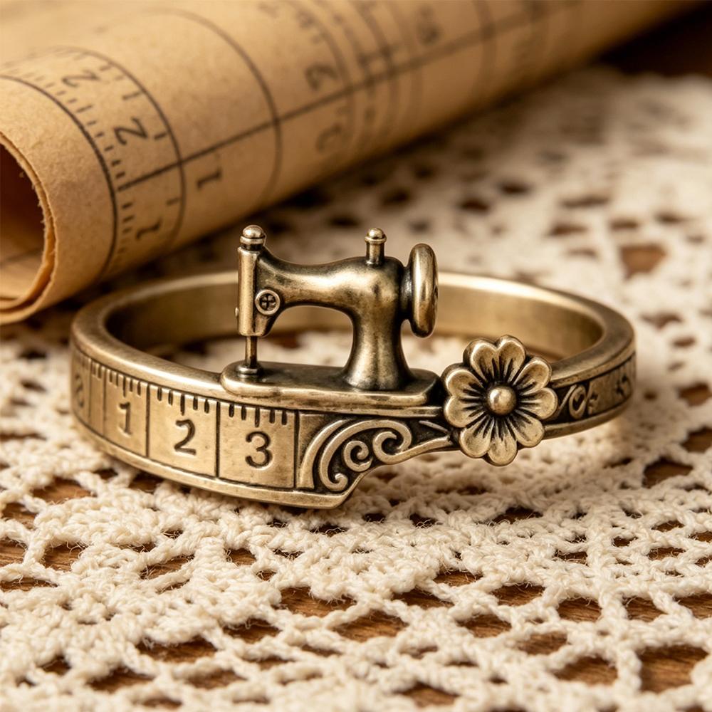 Vintage Nähmaschinen Ring für Damen, Antik Bronze Verstellbarer Offener Ring mit Blumen & Lineal Detail, Schneider Schneiderin Schmuck 9 black