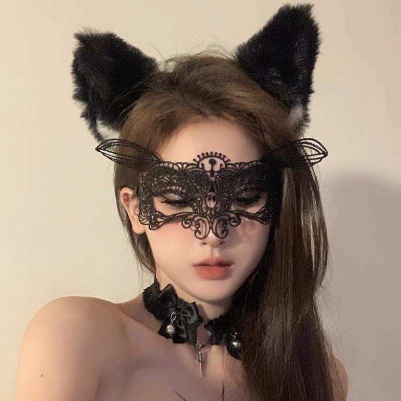 Black Lace Sexy Cat Ears Hairband, Restraint Style Blindfold Covering The Face, Netting for Halloween