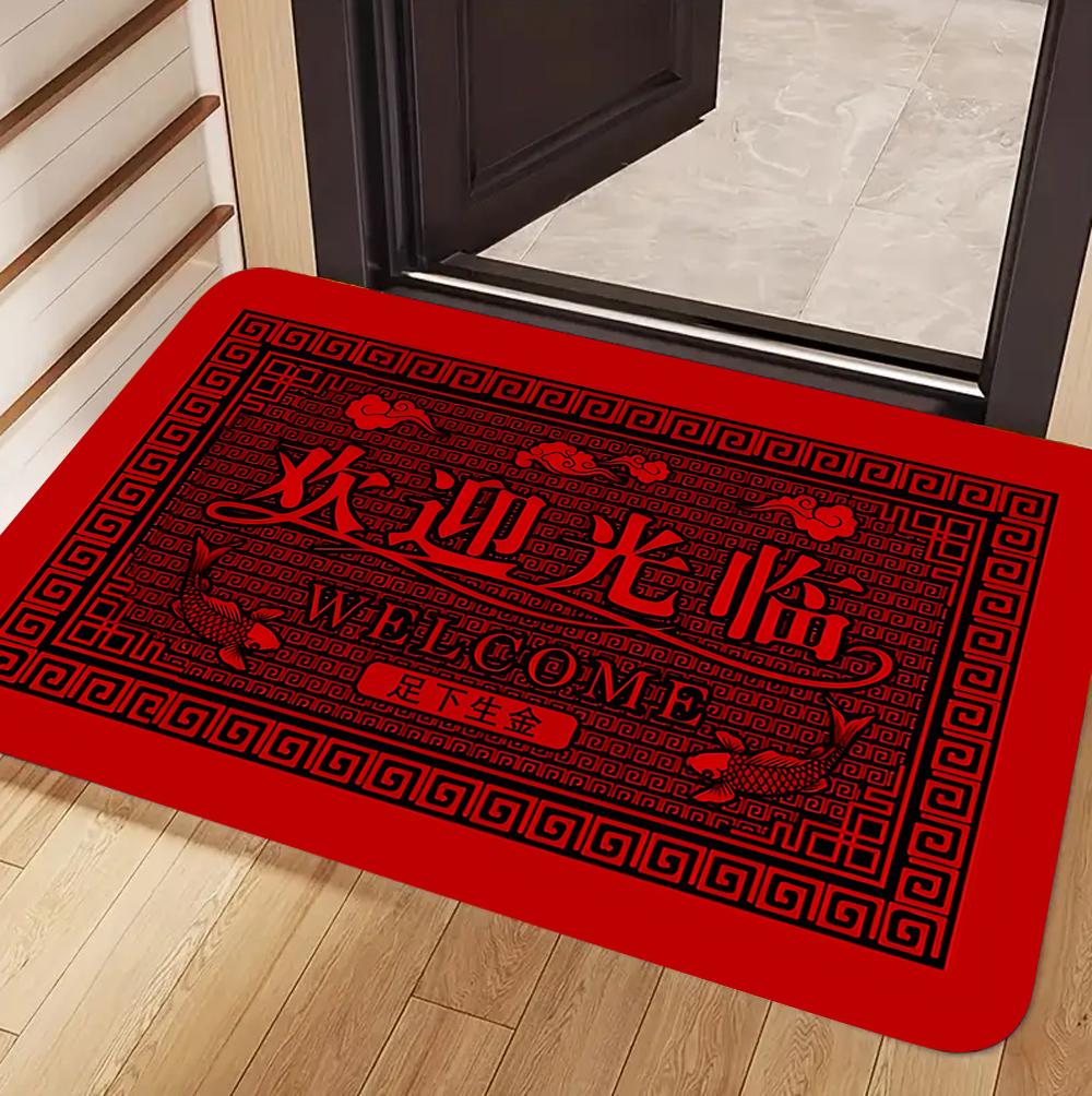 Red Chinese New Year Welcome Carpet Lucky Words for Decorating Door Mats Kitchen Bedroom Living Room Porch Entrance Non Slip Rug