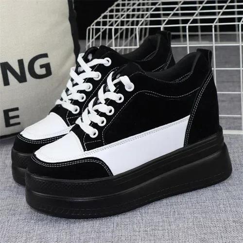 Fashion 2025 Spring New Mixed Color Shoes 10CM Women's Shoes with Thick Bottom Height Increase All-match Slim Black Casual Sports Shoes