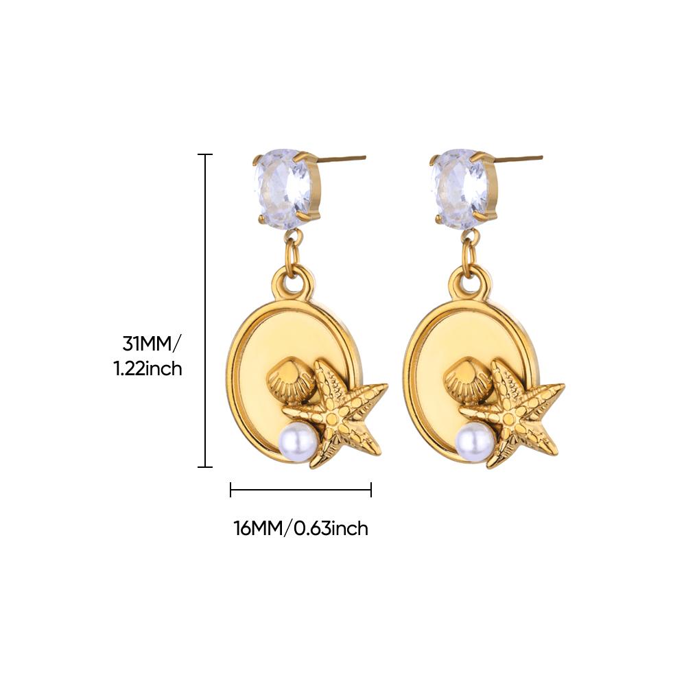 

Zircon Starfish Shell Drop Stud Earrings For Women Stainless Steel Gold Color Imitation Pearl Piercing Earring Wedding Zircon
