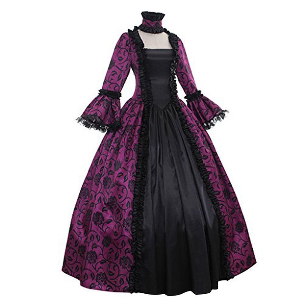 Women's High Neck Long Sleeve Maxi Dress Slim Fit Victorian Renaissance Ball Gown Costume Dress