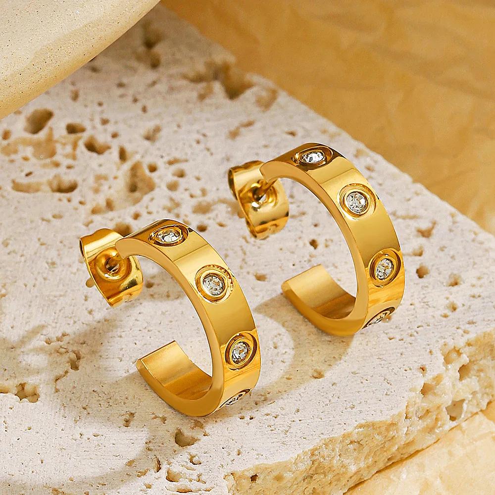 Aretes Acero De Inoxidable Mujer Luxurious Crystalline Earrings Gold Tone Color Stainless Steel Earrings Minimalist Minimalist Hip Hop Celebration