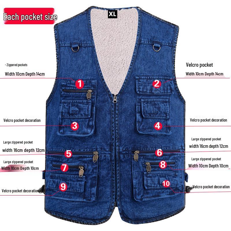 Herren-Jeans-Weste mit Baumwoll-Fleece-Futter - Große Größen, Warm, Mehrere Taschen, Herbst/Winter Freizeit-Weste