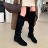 Soft! Round head thick heel women's boots women's but knee gray knight boots women's pile boots cow flip versatile medium heel tide