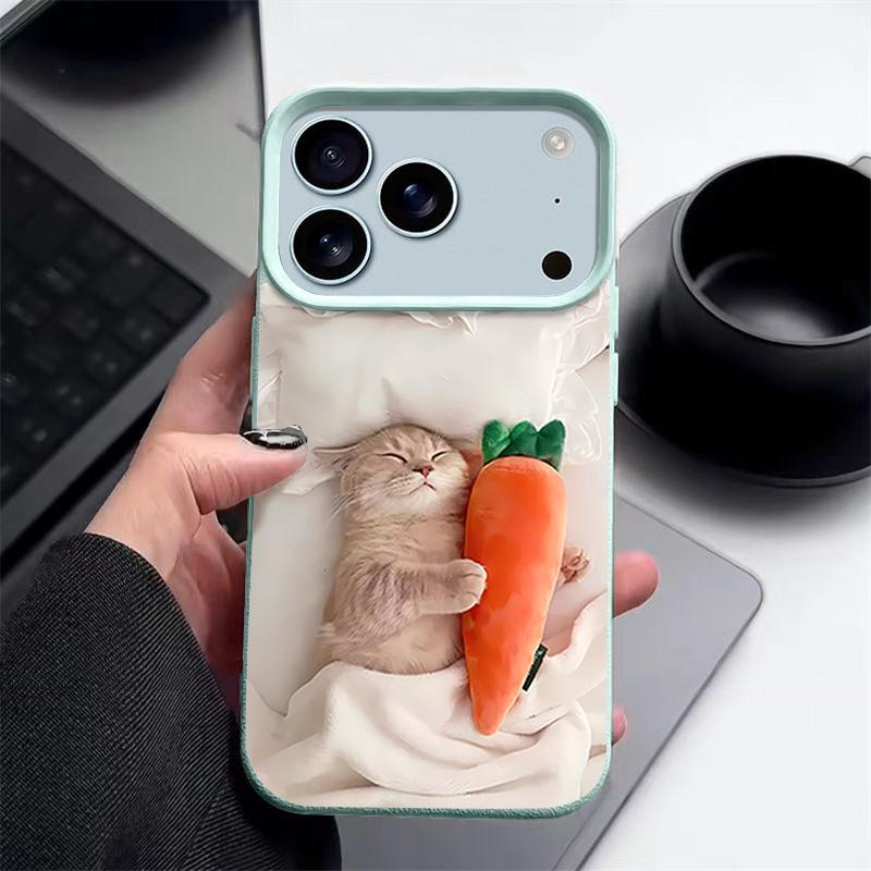 Sleeping Cat Carrot Pattern Case For iPhone 17 Pro Max Funda iPhone 16 Pro Max 15 14 13 12 11 Air 16E Leather Texture Silicone Cover