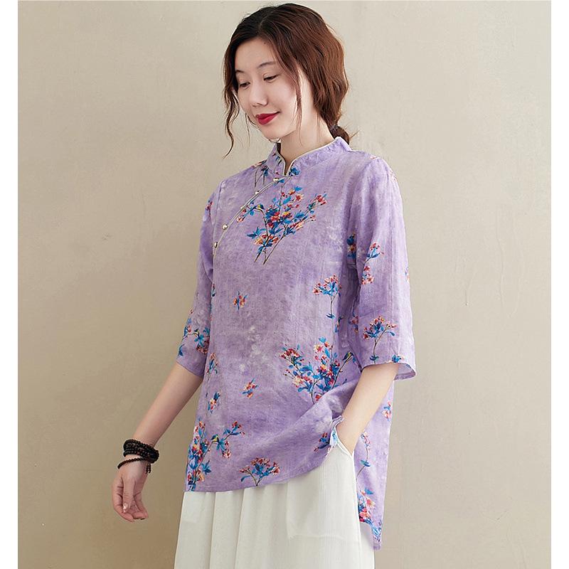 2026 Spring/Summer Retro Ethnic Artistic Casual Printed Stand Collar 3/4 Sleeve Women s Shirt Top XL