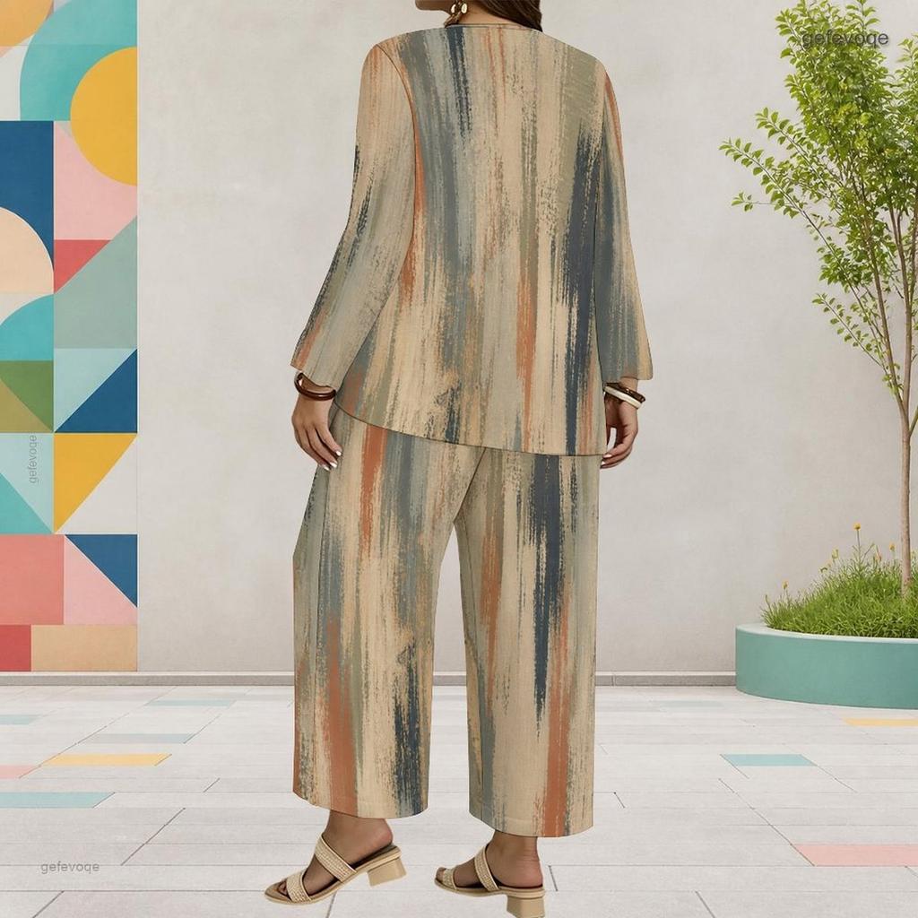 Women Plus Size Round Neck Long Sleeve Printed Layered Top Wide Leg Cropped Pants Two Piece Set