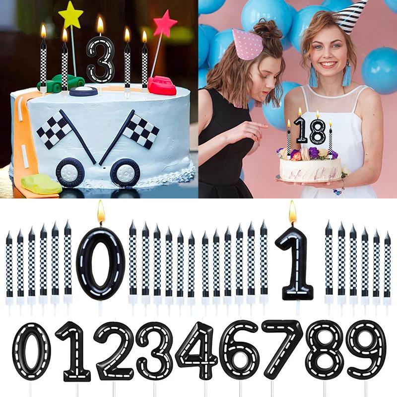 6Pcs 1 To 9 Number Candle For Racers Black and White Checkered Candle Anniversary Truck Candle Cake Topper Festival Candles Cake