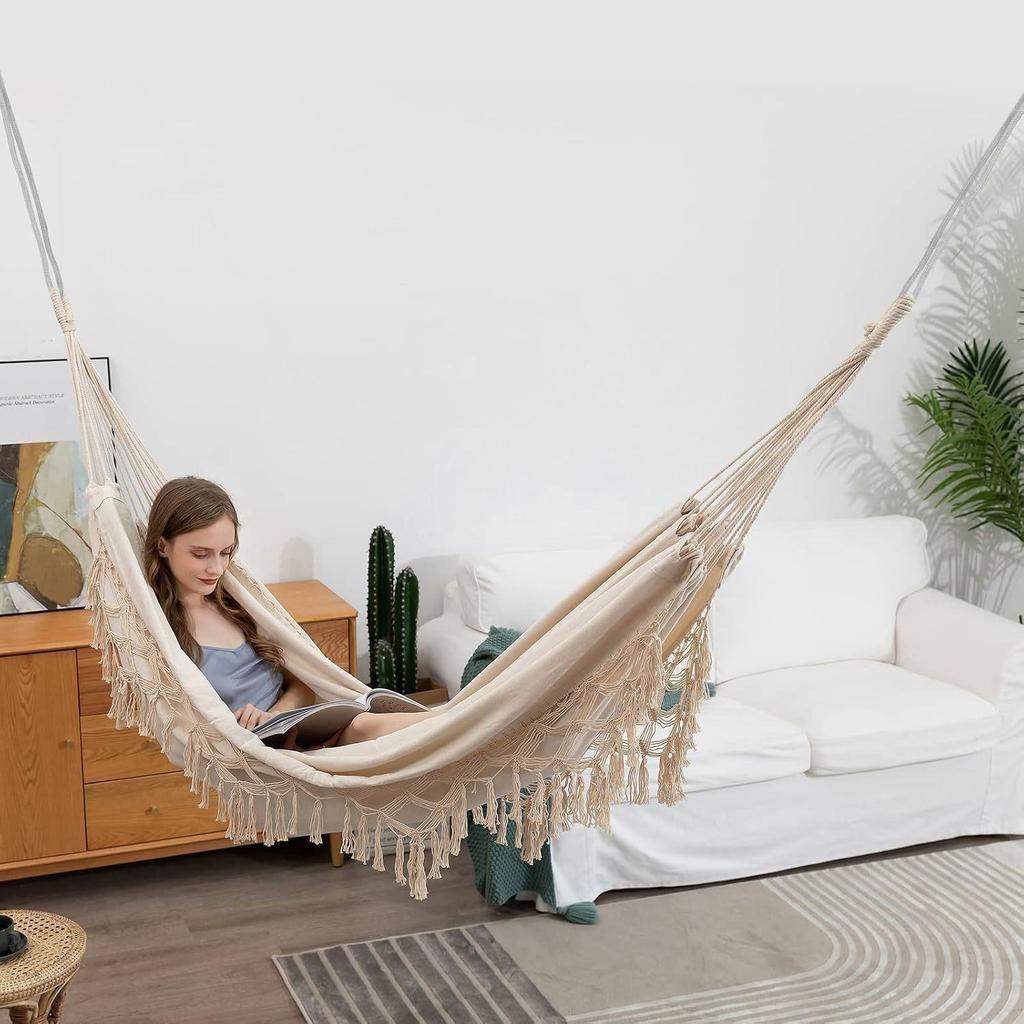 Portable Double Hammock Chair - Curved Bar Canvas Swing with Tassels for Outdoor Camping