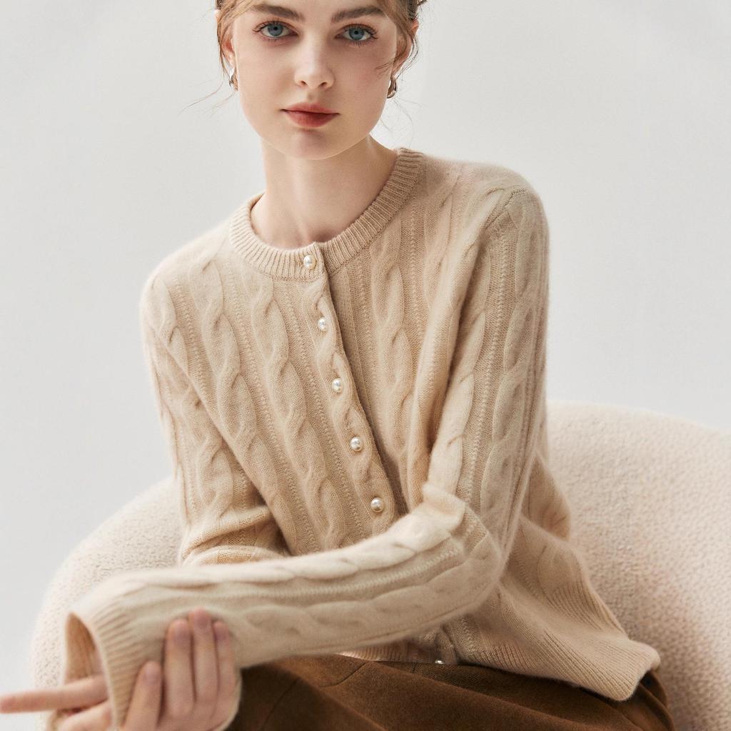 Pearl Button Luxury Cashmere Cardigan - Women's Thick Soft Wool Sweater for Autumn/Winter