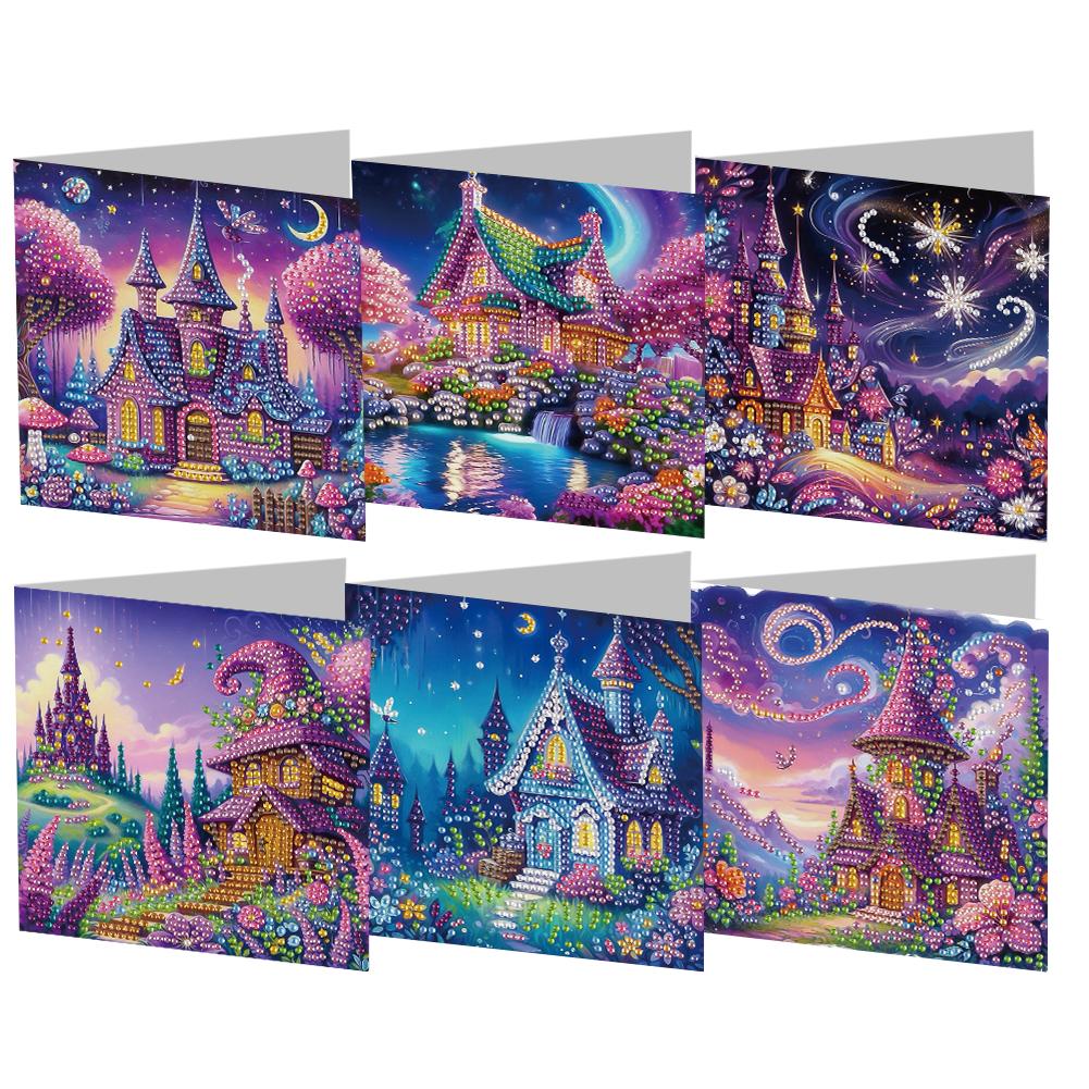 6pcs Diamond Painting Gift Card Handmade 5D Rhinestone Arts Greetings Birthday Card Arts Crafts for Birthday Blessing and Wishes
