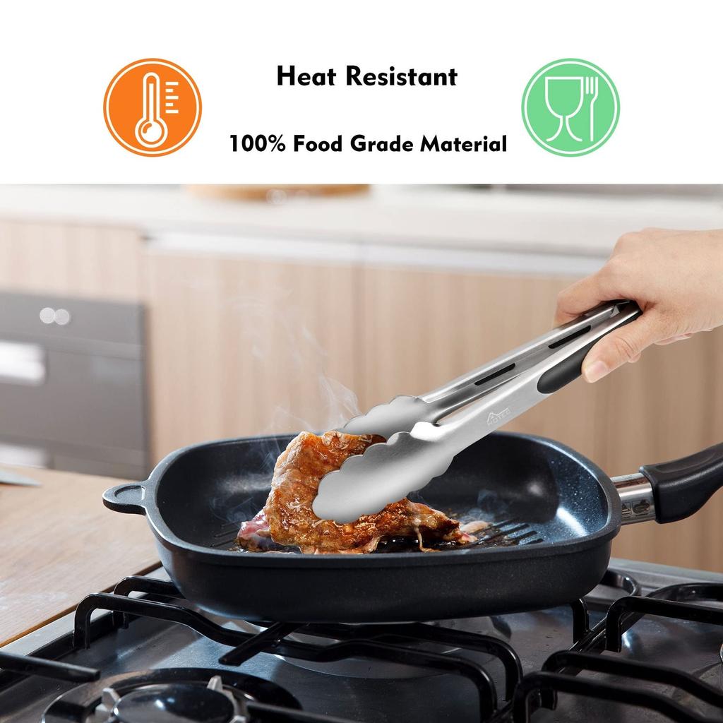 Hotec Stainless Steel Kitchen Silicone Cooking Grilled Meat Cooking Potato Chips Heat Comes with Convenient Lockable Set of 2 Tongs, Tongs, Tongs,