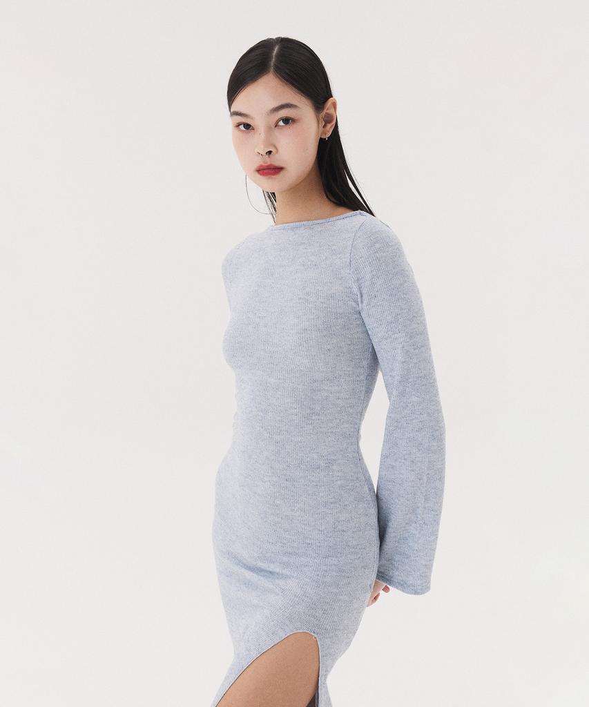 Kkuape Knit Long Slit Dress_Melange Blue