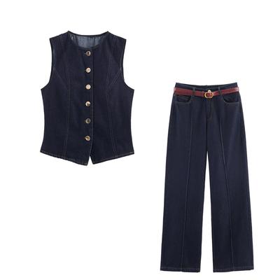 European & American Women's Denim Vest with Belt & High-Waisted Wide-Leg Jeans Set