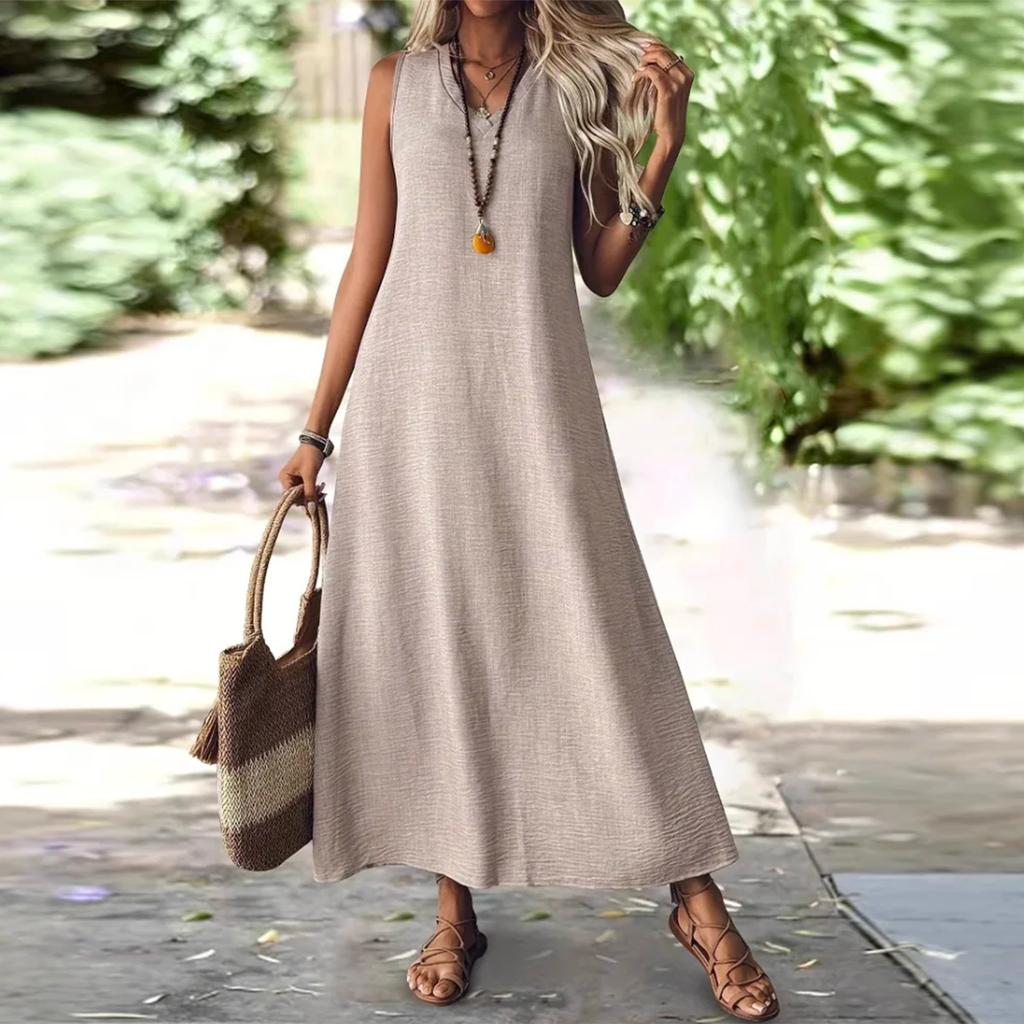 Women's Fashion V-Neck Sleeveless Solid Colour Zip Casual Holiday Long Cotton Linen Dresses