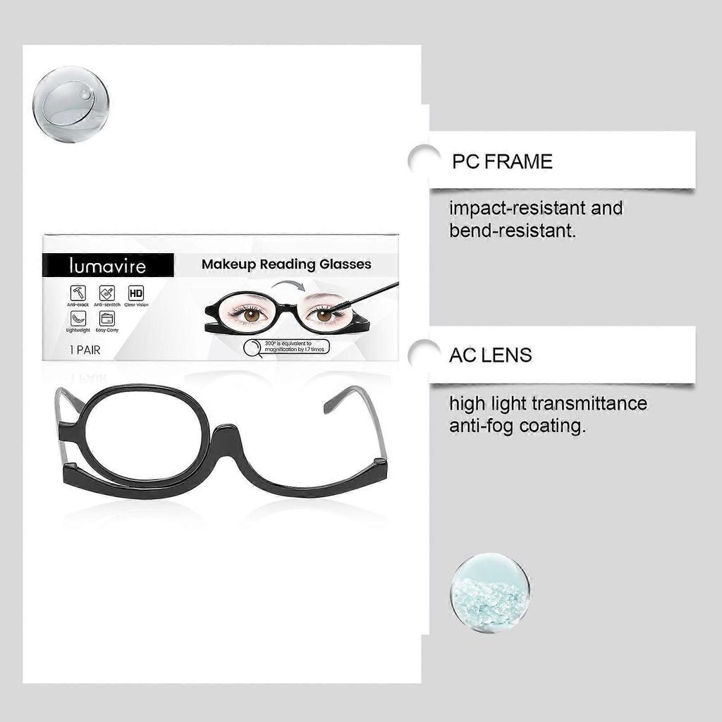 Lumavire Makeup Assistance Glasses: 1.7X Magnification +180 Rotating Lens Portable Beauty Folding Glasses