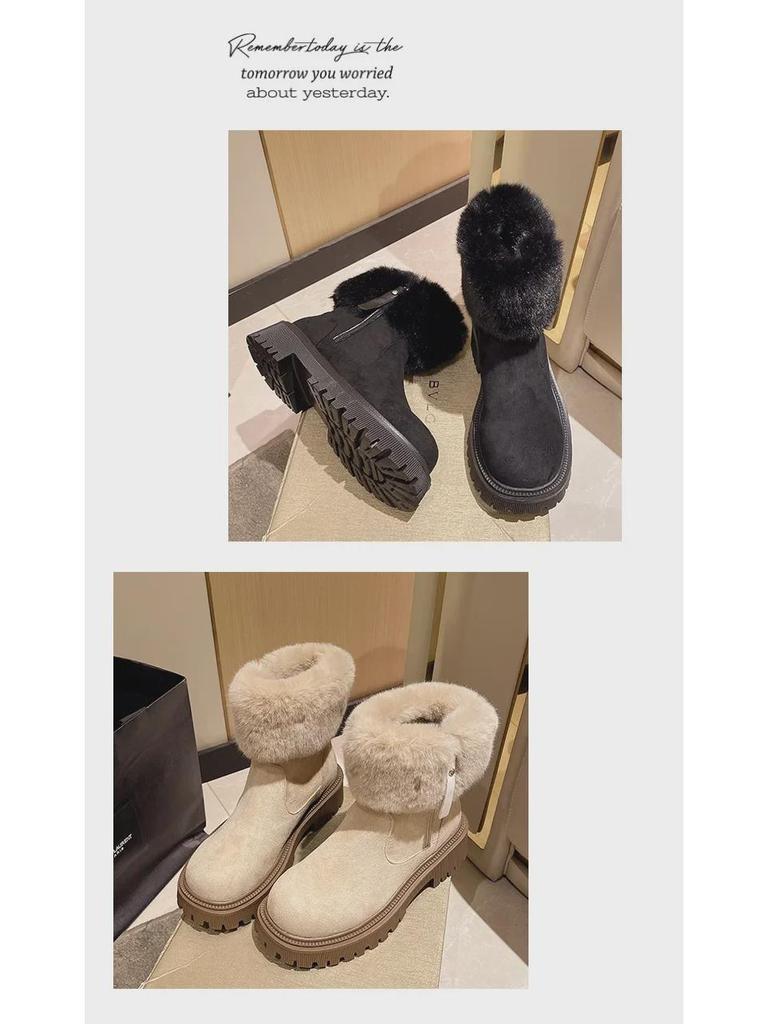 Women's Furry Snow Boots with Side Zipper and Thick Sole