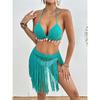 Womens Hand Crocheted Two Piece Bikini Set Shell Patchwork Tie Fringe Skirt Stylish Elegant Beachwear For Summer Vacation