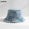 Vintage Denim Fisherman Hat Sweet Flower Women Summer Thin Sunshade Sunscreen Showing Face Small Bucket Basin Hat