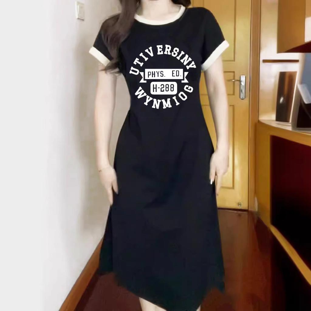 European summer dress women's ice silk thin letter printing split-ended long dress design sense short sleeves slim and thin home skirt