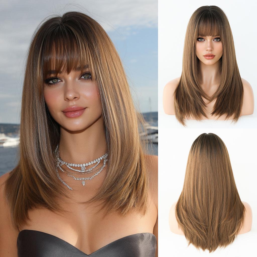 High Quality 20 Inch Shoulder Length Wig Women Natural Black Layered Full Head Cover Bangs Straight Hair Export