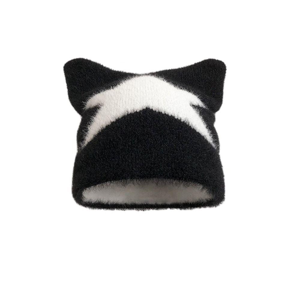 Bonnet Tricoté Style Coréen Étoile Sans Bord Bonnet Mode Oreilles de Chat Laine Chapeau Streetwear
