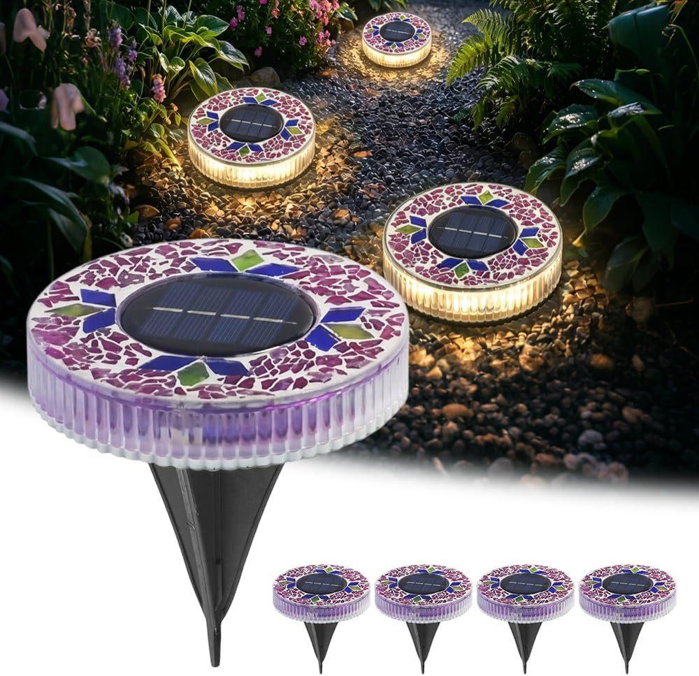 New Solar Outdoor Mosaic Round Disk Light Upgraded Waterproof Colored Glass LED Stake Light Garden Yard Decoration Auto-Sensing Color Change