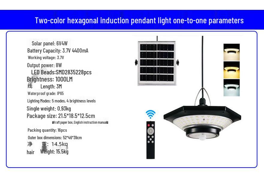 Outdoor Solar LED Pendant Light for Balcony, Pavilion, Terrace, Shed, Garage, and Courtyard.