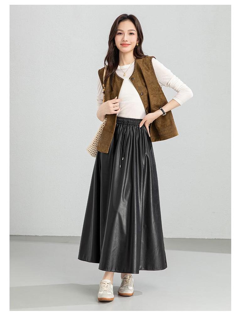 Yifei High-Waisted Black PU Leather A-Line Pleated Skirt - Women's Slimming Long Umbrella Skirt, 2026 Style.