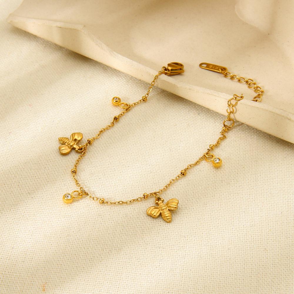 European and American personalized round zircon bee fringed chain plated with 18K gold stainless steel bracelet light luxury versatile hand jewelry