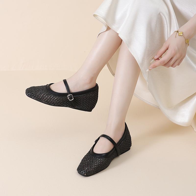 Fashion One-band Fashion Single Shoes Autumn New Square Toe Shallow Mouth Mesh Breathable Non-slip Wear-resistant Inner Heightener Shoes