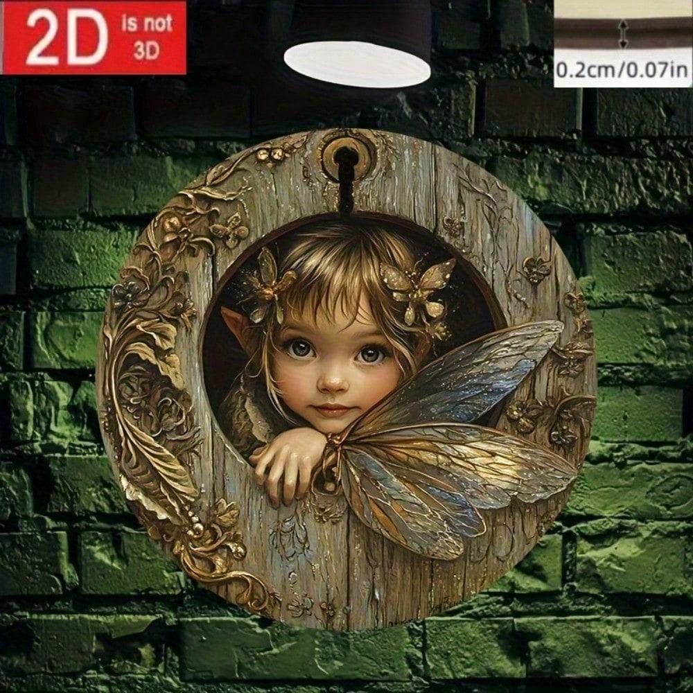 

Enchanted Forest Fairy Door Round Wood Wall Art, 2D Printed Hanging Decor, Bohemian Butterfly Floral Accent 20x20