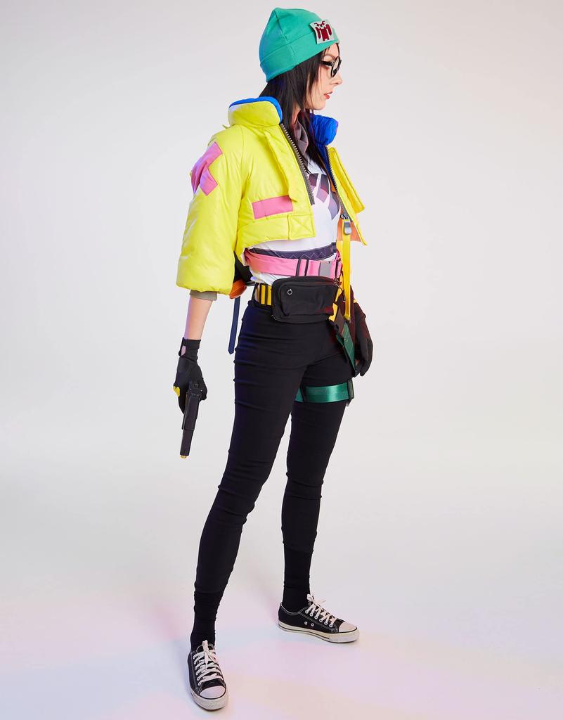 [Miccostumes] Women's Adult Girl Anime Game Cosplay Costume Costume Set Cute Cool Moe Yellow Cotton Padded Green Hat Shirt Black Jeans Fancy Dress