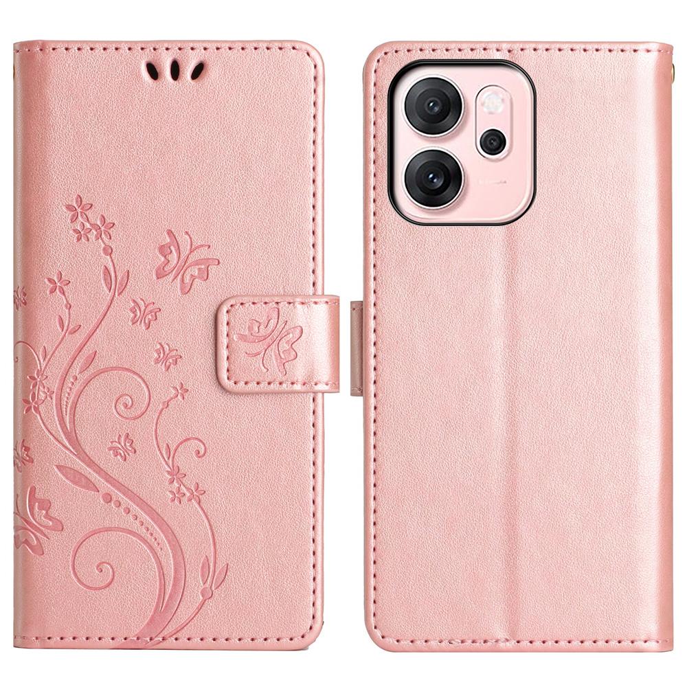 

For Oppo Reno14 5G (Global) Leather Wallet Case Butterfly Flower Imprinted Phone Cover with Strap Rose Gold
