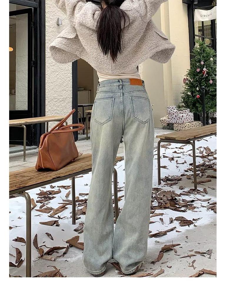 Women's High-Waist Yellow Mud Wide-Leg Jeans - Retro, Warm, Plus Velvet, Loose Fit for Autumn/Winter