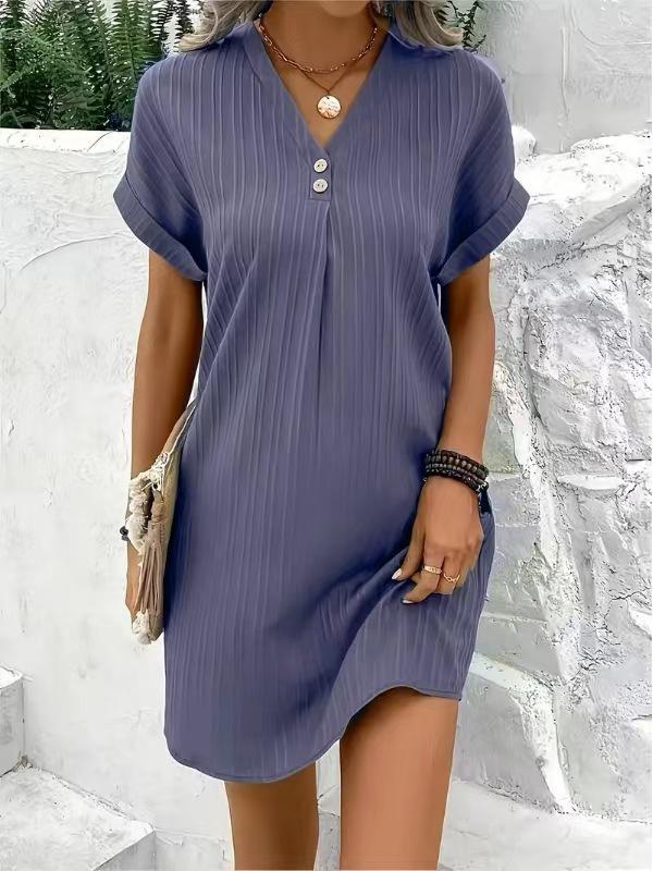European & American Women's 2023 V-Neck Solid Color Button Pullover Dress - Comfortable & Casual Fashion