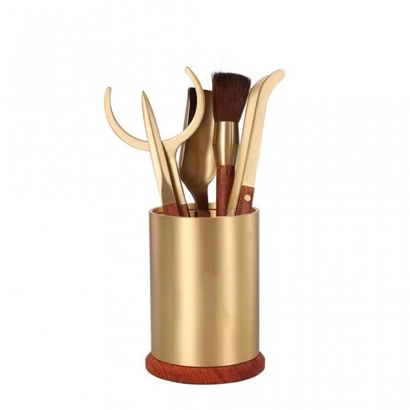 Wooden Tea Tools Set With Brass Accents Chinese Gongfu Accessories Puer Ceremony