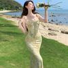 Sexy Vacation Wind Backless V-neck Floral Suspender Dress Women's Summer Pleated Lace-up Waist-wrapped Hip Long Skirt