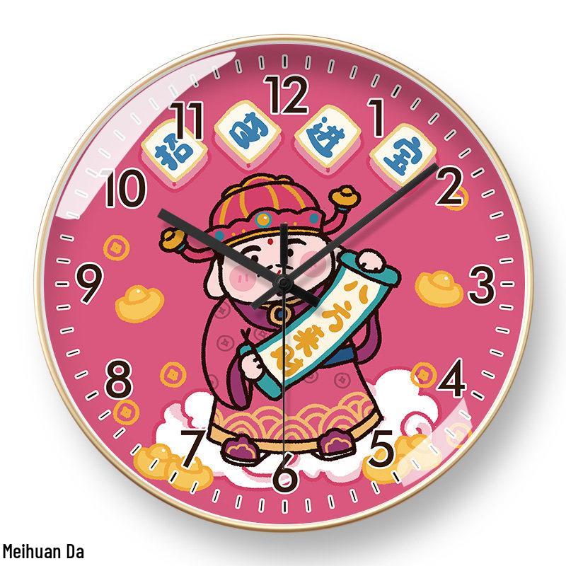 Prosperous Business Chinese Style Silent Wall Clock - Creative God of Wealth Design for Living Room Decor. 8 inch