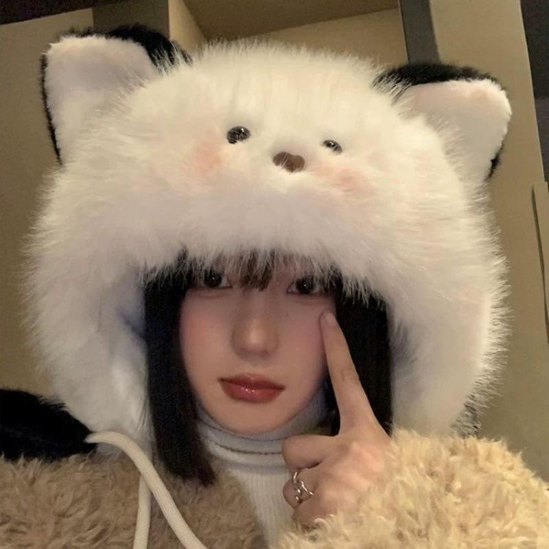 Cute Blush Kitten Ears Plush Hat Women's Autumn and Winter Furry Warm Ear Protection Hat Showing Face Small Hat